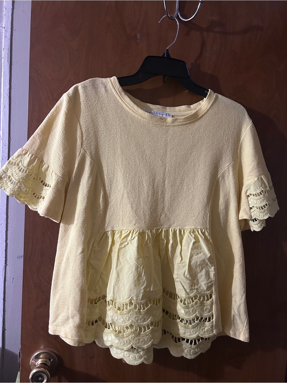 English Factory Pale Yellow Lace-Trim Peplum Top